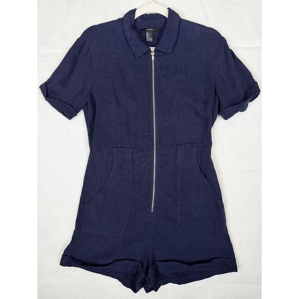 Forever 21 Linen Blend Utility Romper Women's S Navy Capsule Wardrobe Classic